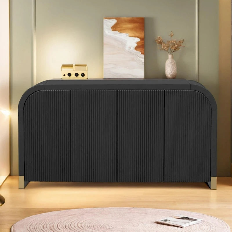 4-door Curved Corner Design Wavy Door Panel Cabinet with Adjustable Shelves, Suitable for Study, Living Room and Entrance