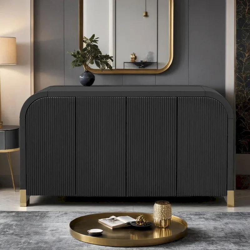 4-door Curved Corner Design Wavy Door Panel Cabinet with Adjustable Shelves, Suitable for Study, Living Room and Entrance