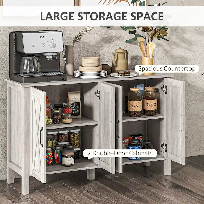 47 Sideboard with 4 Barn Doors and 2 Adjustable Shelves, Farmhouse Coffee Bar Cabinet, Gray Wood Grain