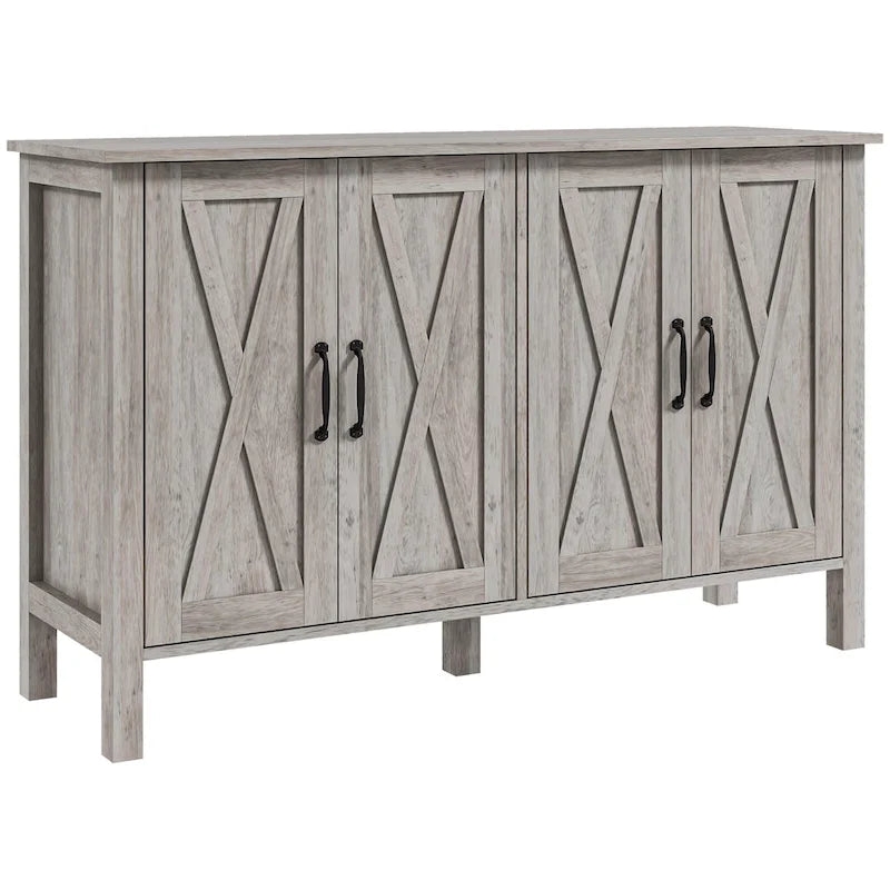 47 Sideboard with 4 Barn Doors and 2 Adjustable Shelves, Farmhouse Coffee Bar Cabinet, Gray Wood Grain