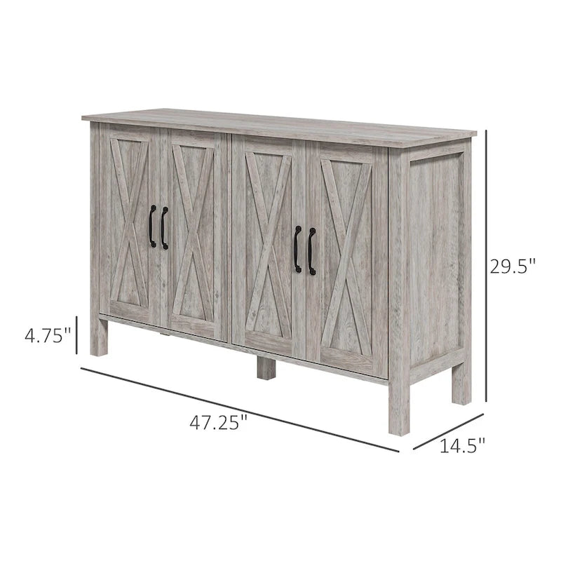 47 Sideboard with 4 Barn Doors and 2 Adjustable Shelves, Farmhouse Coffee Bar Cabinet, Gray Wood Grain