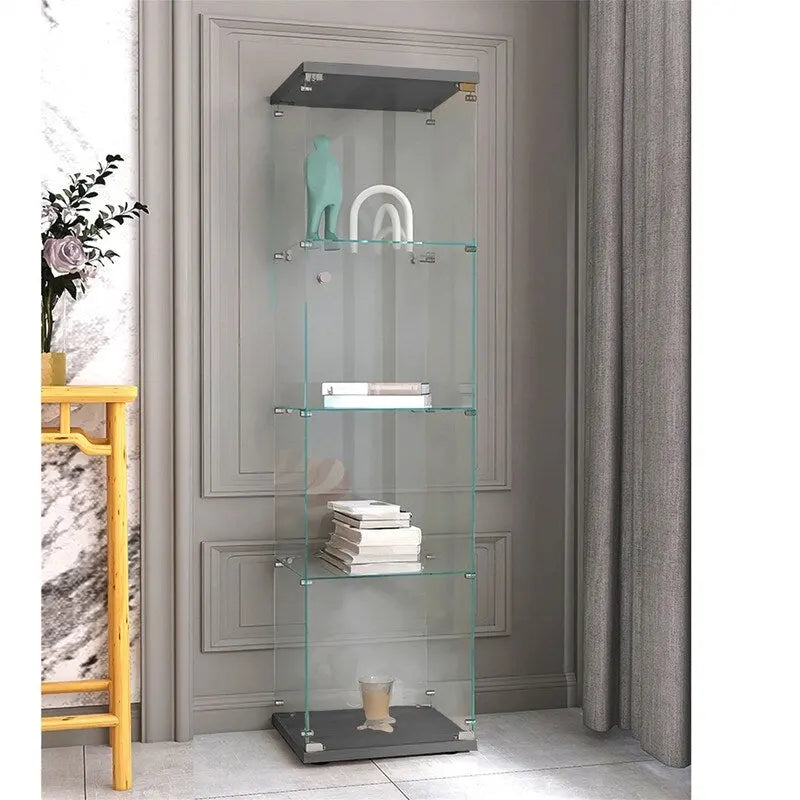 Lighted 4 Shelves Glass Display Cabinet with One Door