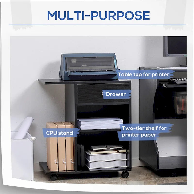 Rolling Printer Table Desk with Wheels and Adjustable Shelf