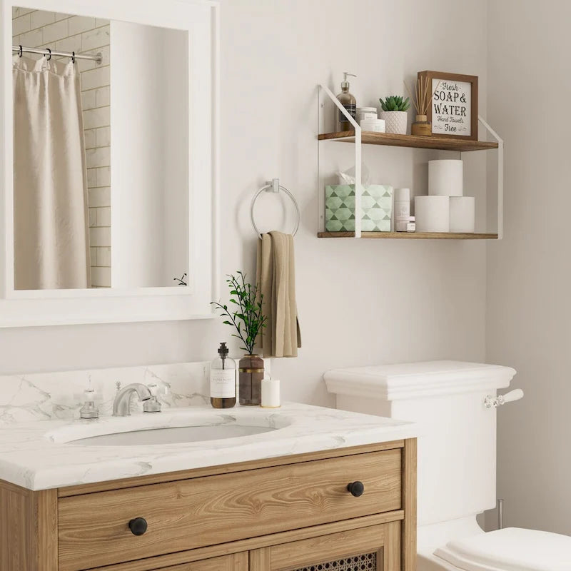 Wallniture Modena 2 Tier Shelves with White Brackets, Bathroom Wall Decor, 24x6, Burnt