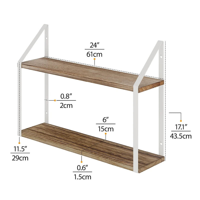 Wallniture Modena 2 Tier Shelves with White Brackets, Bathroom Wall Decor, 24x6, Burnt