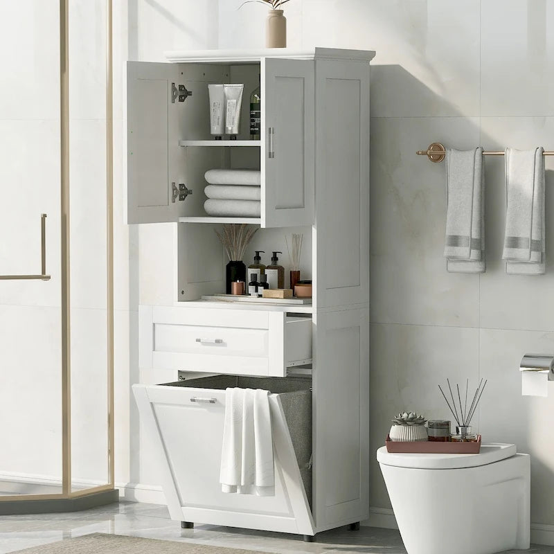 Tall Bathroom Cabinet with Laundry Basket, Large Storage Space Tilt-Out Laundry Hamper and Upper Storage Cabinet
