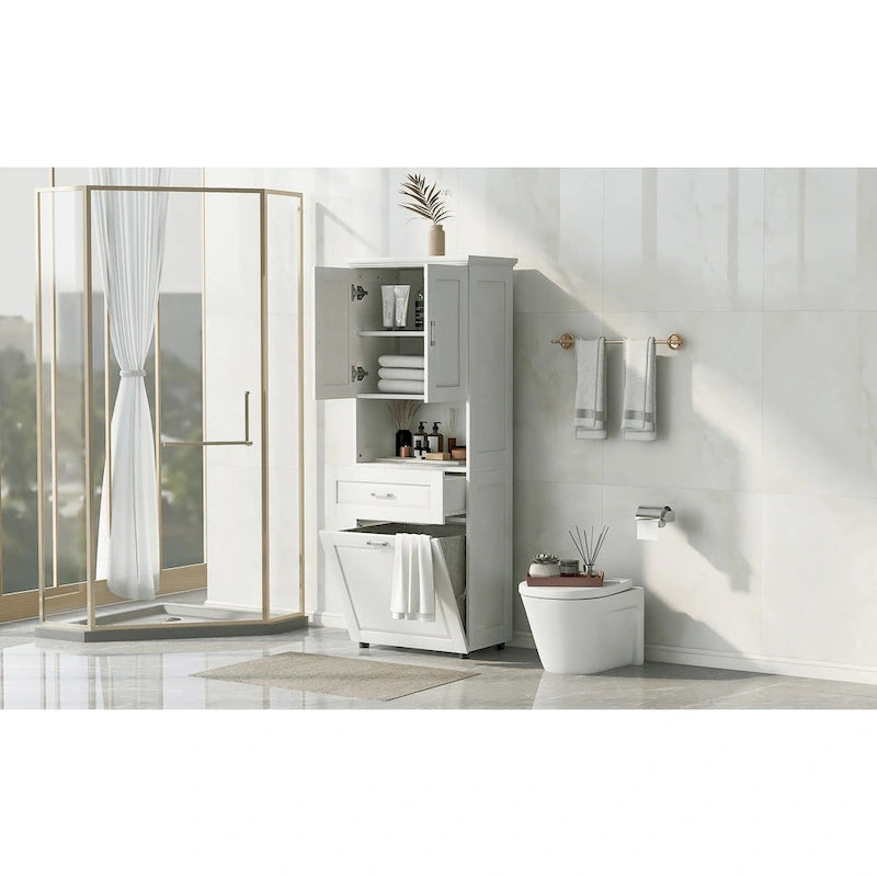 Tall Bathroom Cabinet with Laundry Basket, Large Storage Space Tilt-Out Laundry Hamper and Upper Storage Cabinet