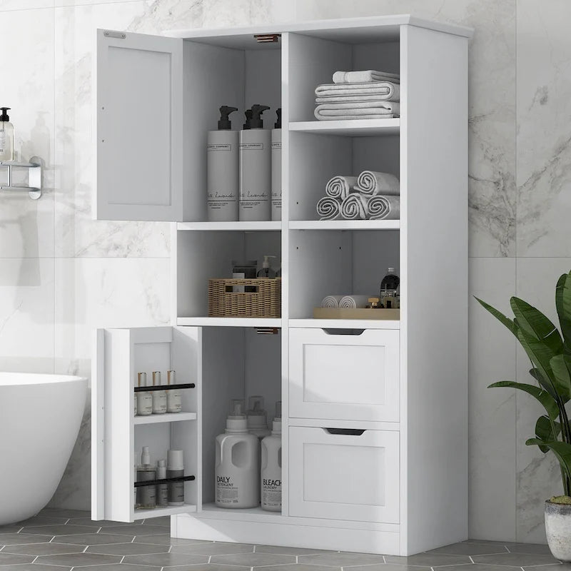 Bathroom Storage Cabinet with 2 Doors, 2 Drawers, Open Shelve & Adjustable Shelf