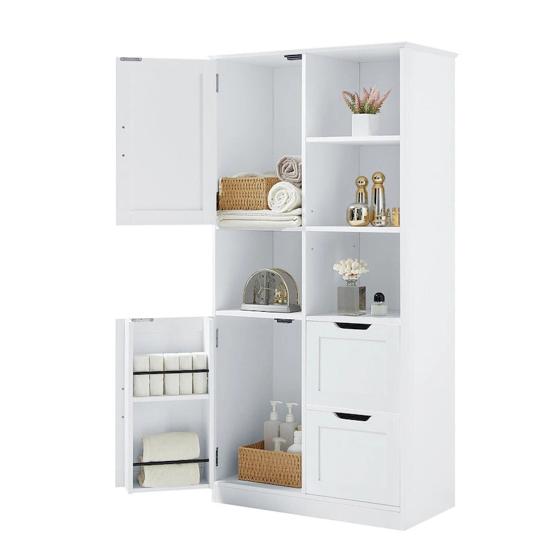 Bathroom Storage Cabinet with 2 Doors, 2 Drawers, Open Shelve & Adjustable Shelf