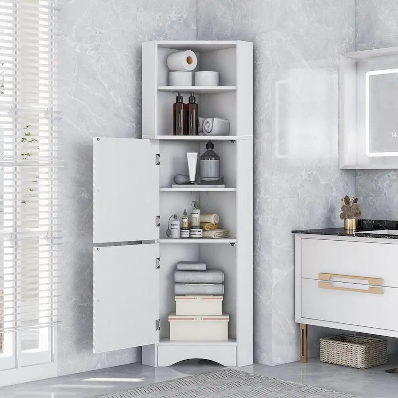 Bathroom Storage,Tall Corner Cabinet with 2 Doors and 4 Tier Shelves