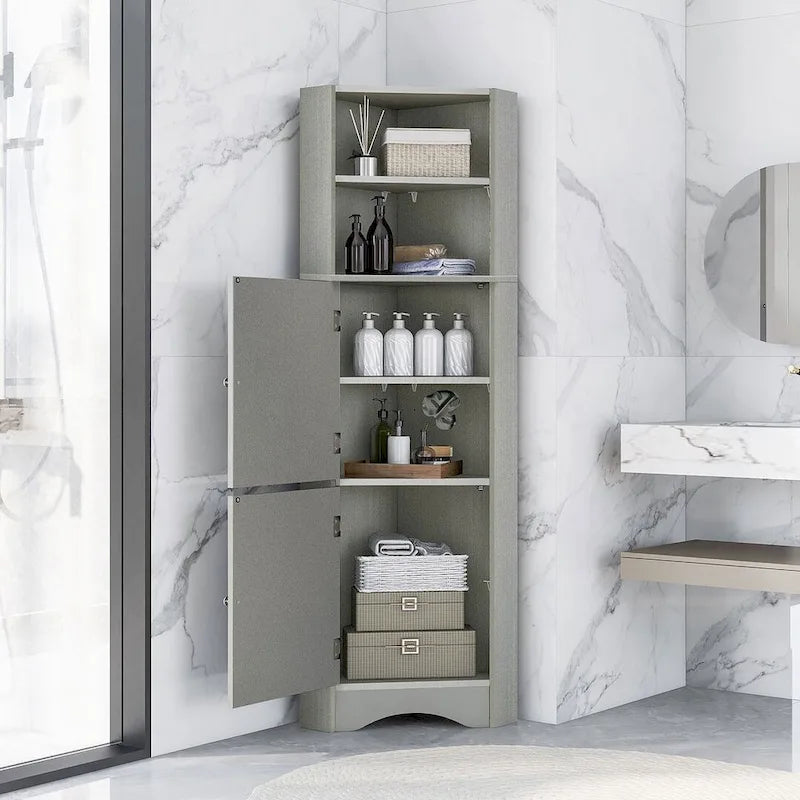 Bathroom Storage,Tall Corner Cabinet with 2 Doors and 4 Tier Shelves