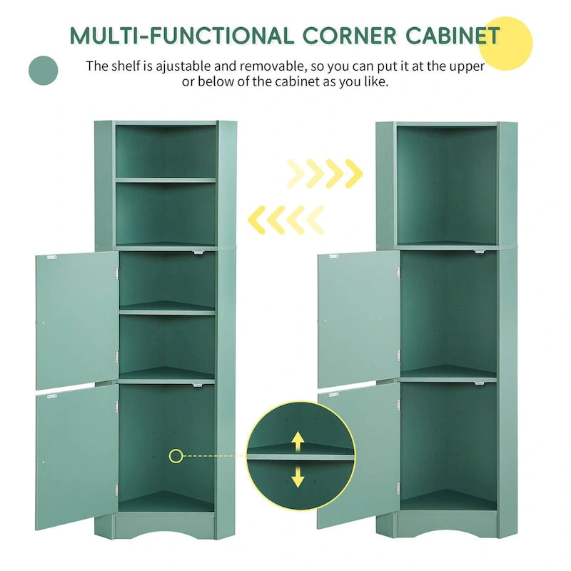 Tall Bathroom Corner Cabinet, Freestanding Storage Cabinet with Doors and Adjustable Shelves, MDF Board, Green