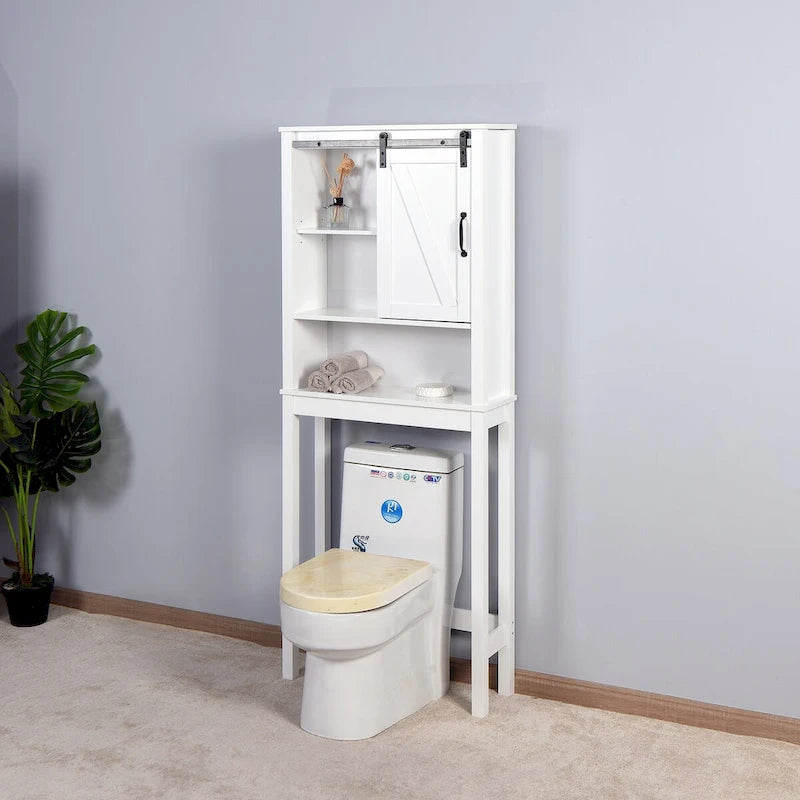 White Over-the-Toilet Wood Bathroom Storage Cabinet with Adjustable Shelves