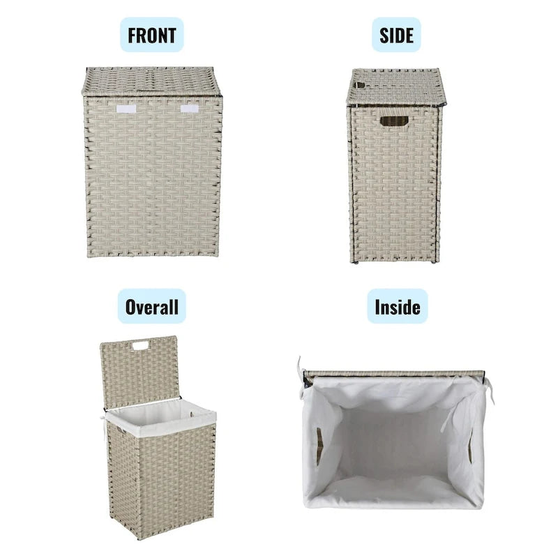 Laundry Hamper With Lid PE Rattan Powder Coating Frame Clothes Hampers with 02 Removable Bags, 100L, Grey Color