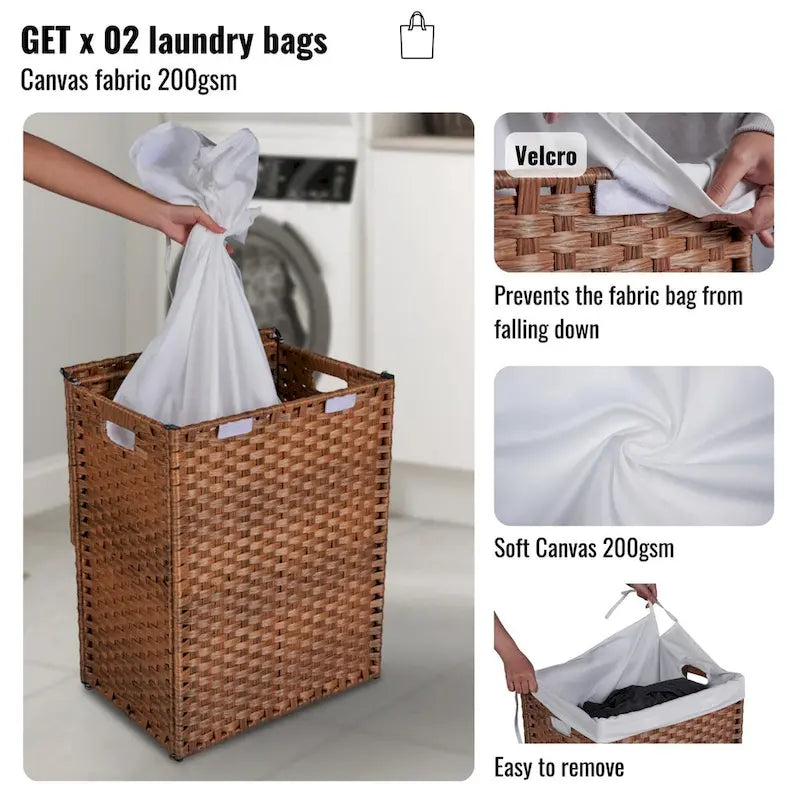 Laundry Hamper With Lid PE Rattan Powder Coating Frame Clothes Hampers with 02 Removable Bags, 100L, Grey Color