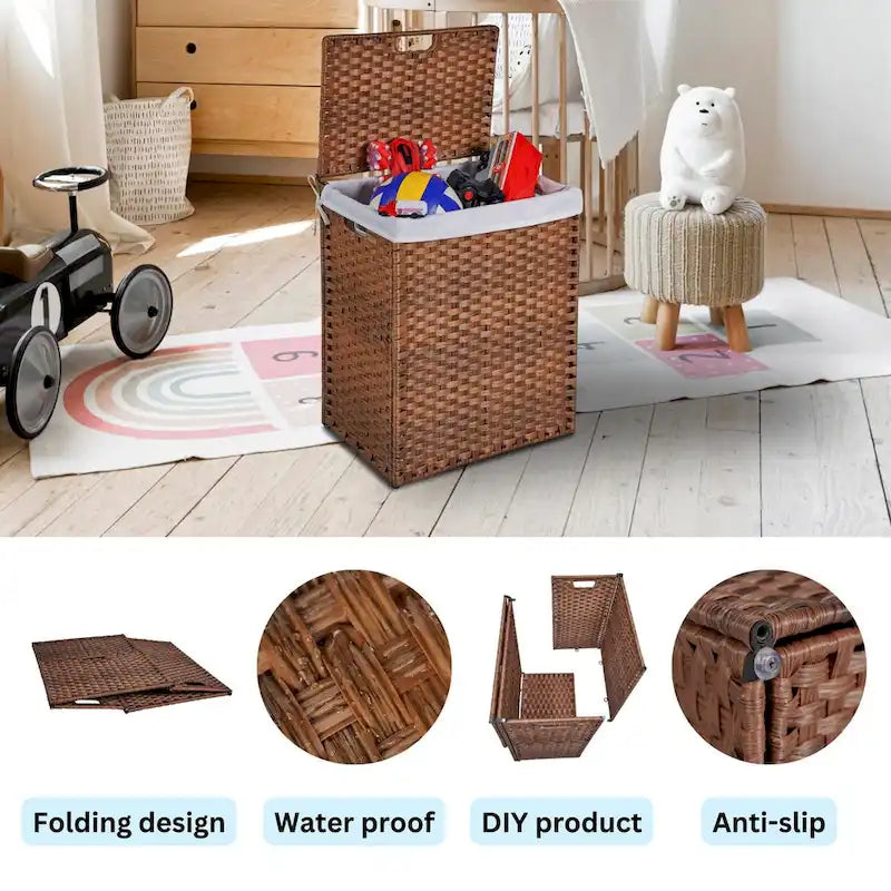 Laundry Hamper With Lid PE Rattan Powder Coating Frame Clothes Hampers with 02 Removable Bags, 100L, Grey Color