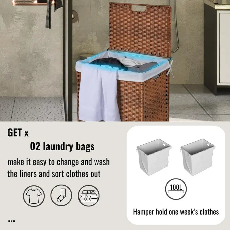 Laundry Hamper With Lid PE Rattan Powder Coating Frame Clothes Hampers with 02 Removable Bags, 100L, Grey Color