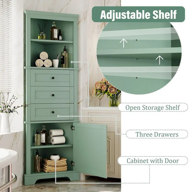 Triangle Tall Cabinet with 3 Drawers and Adjustable Shelves for Bathroom Kitchen or Living Room - 23.00L * 13.40W * 68.90H