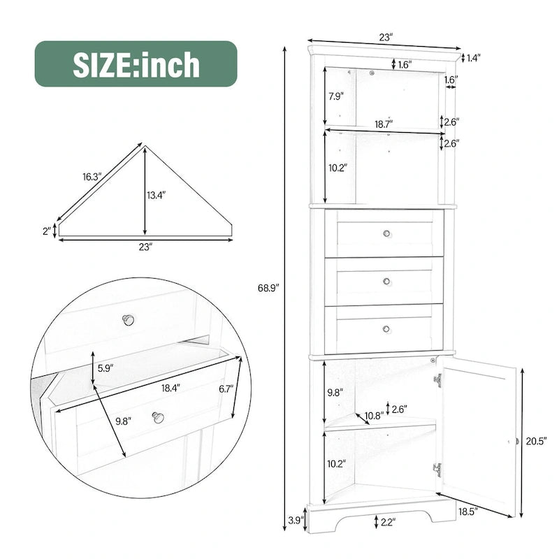 Triangle Tall Cabinet with 3 Drawers and Adjustable Shelves for Bathroom Kitchen or Living Room - 23.00L * 13.40W * 68.90H