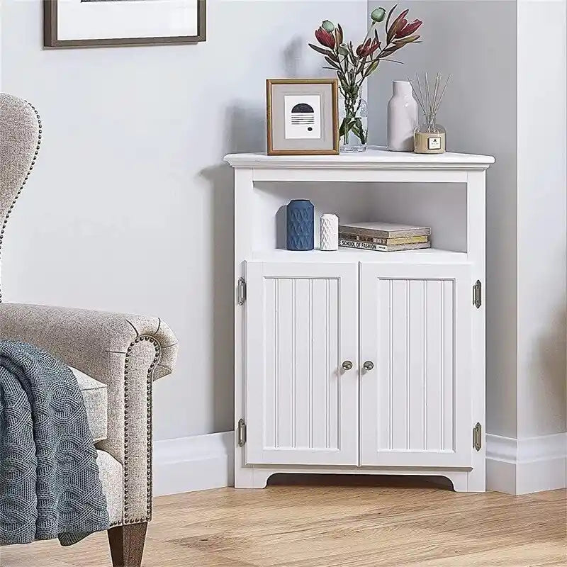 Bathroom Corner Storage Cabinet Small Floor Corner Cabinet with Doors and Adjustable Shelves - 13D x 23.4W x 32.7H