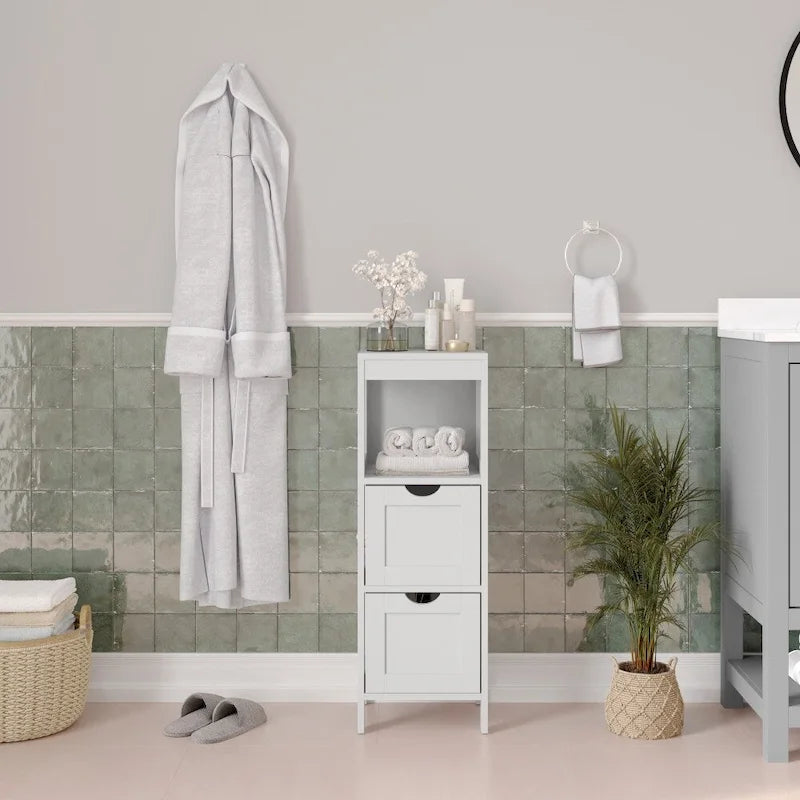 Floor Cabinet Storage Organizer with 2 Drawers, Open Shelf, and Foot Pads