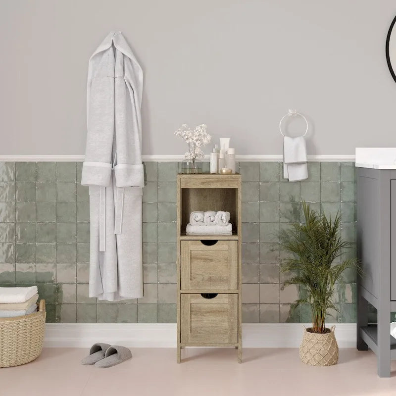 Floor Cabinet Storage Organizer with 2 Drawers, Open Shelf, and Foot Pads