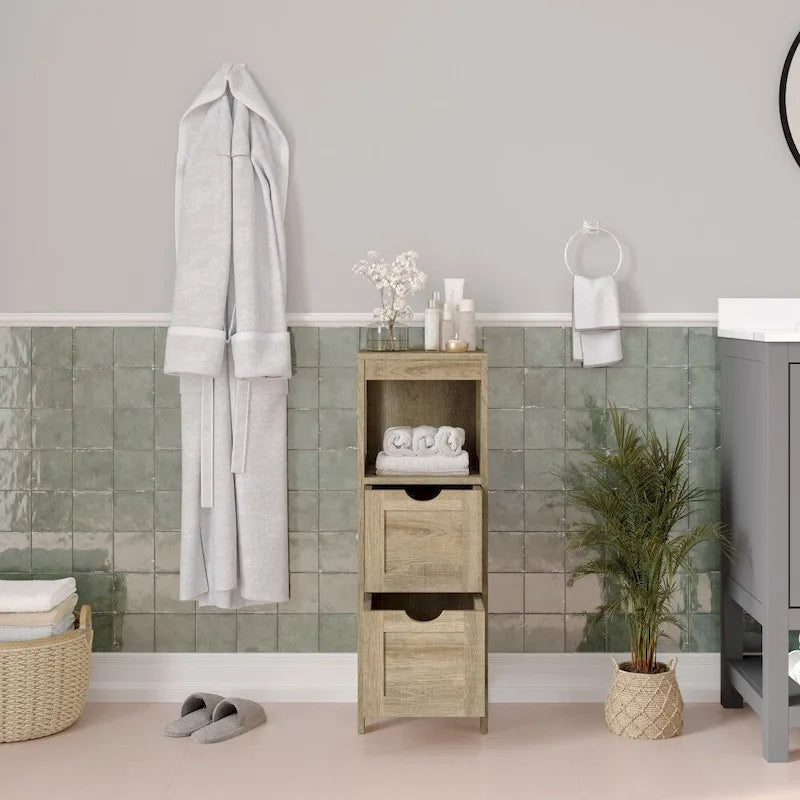 Floor Cabinet Storage Organizer with 2 Drawers, Open Shelf, and Foot Pads