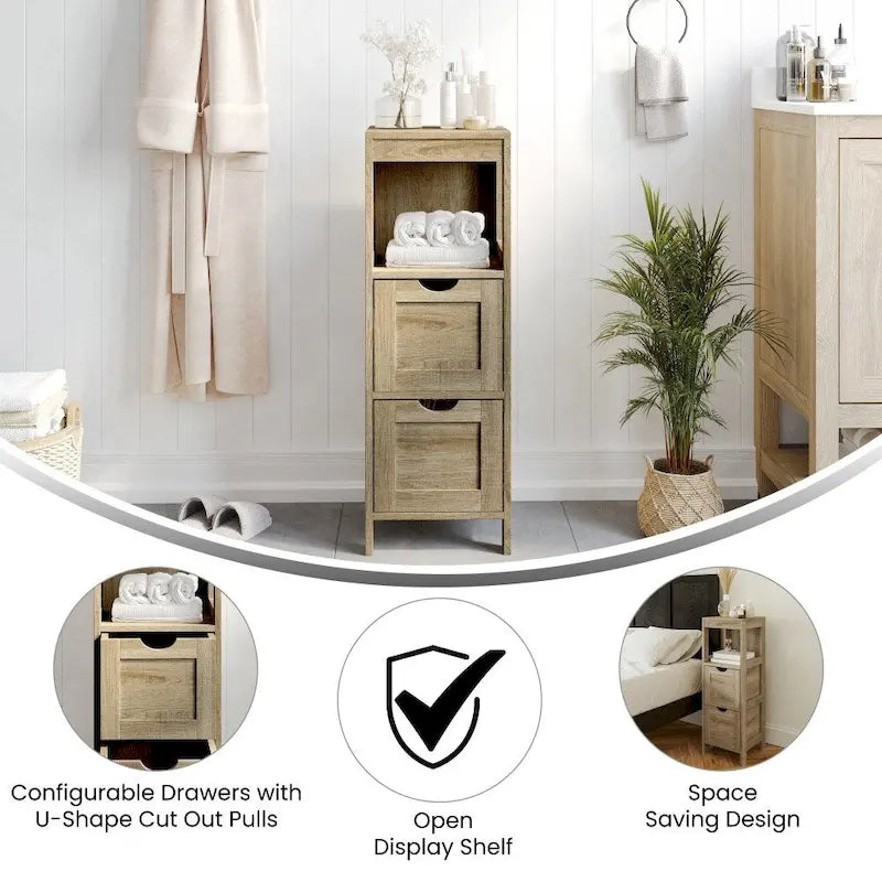 Floor Cabinet Storage Organizer with 2 Drawers, Open Shelf, and Foot Pads