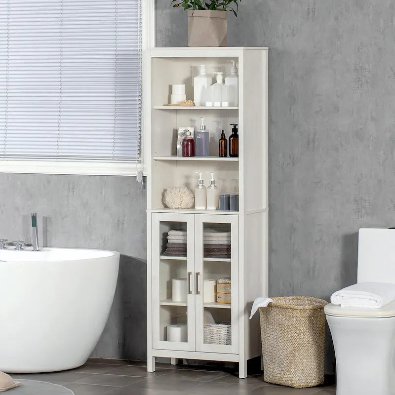 Tall Bathroom Storage Cabinet with 3 Tier Shelf, Glass Door Cabinet,Freestanding Linen Tower with Adjustable Shelves