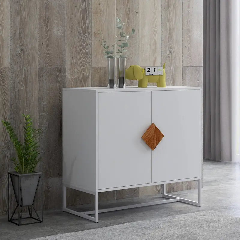White Accent Storage Cabinet Solid wood square shape handle 2 doors sideboard - 31.77 * 15.75 * 29.53