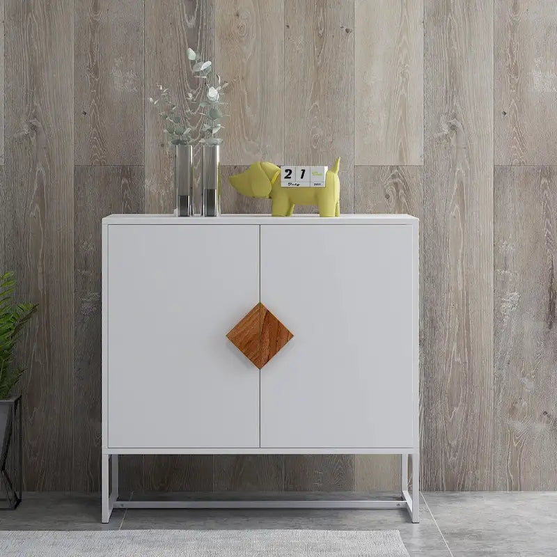 White Accent Storage Cabinet Solid wood square shape handle 2 doors sideboard - 31.77 * 15.75 * 29.53