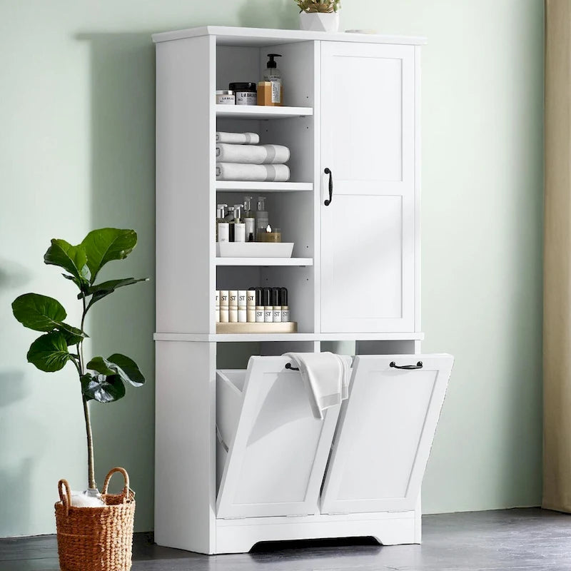 Bathroom Storage Cabinet with Doors and Drawers,Tilt-Out Laundry Hamper, Multiple Storage Space,Adjustable Shelf,White