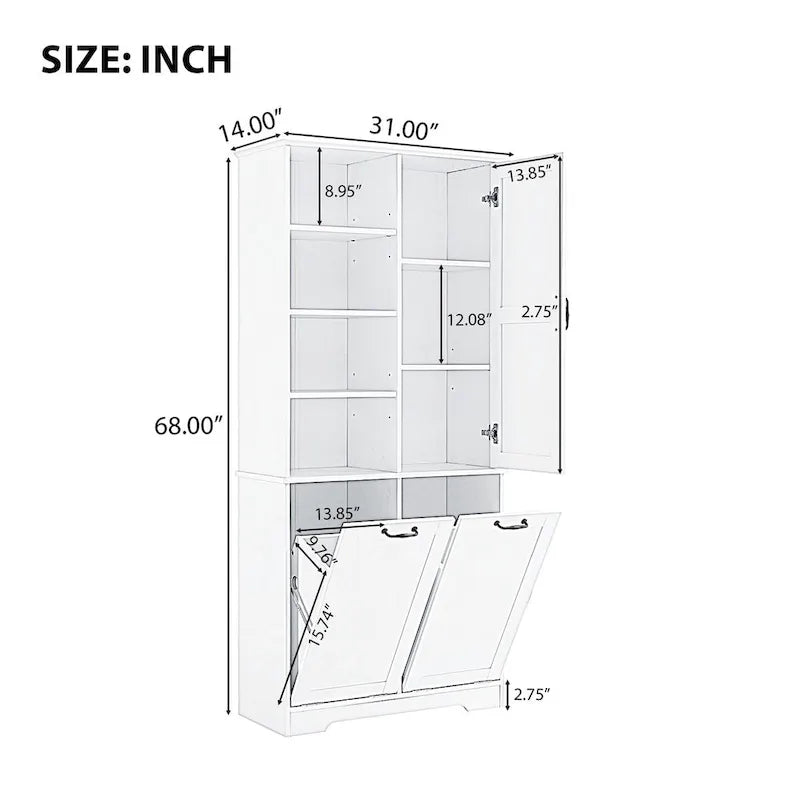 Bathroom Storage Cabinet with Doors and Drawers,Tilt-Out Laundry Hamper, Multiple Storage Space,Adjustable Shelf,White