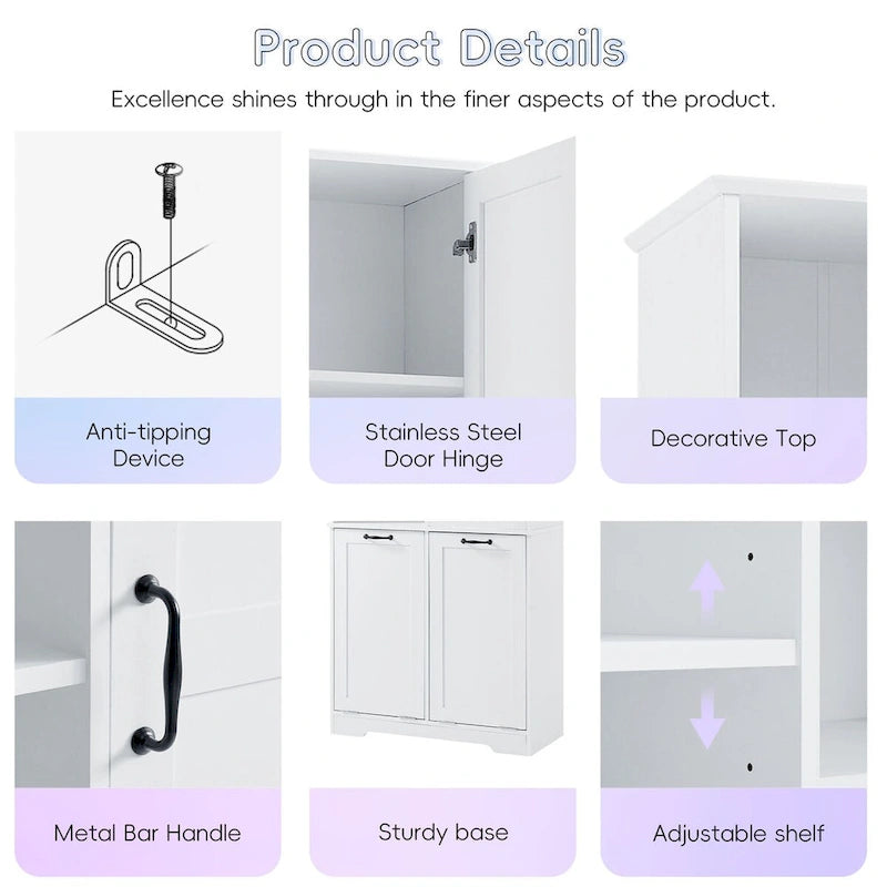 Bathroom Storage Cabinet with Doors and Drawers,Tilt-Out Laundry Hamper, Multiple Storage Space,Adjustable Shelf,White