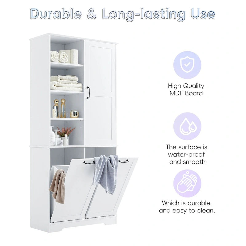 Bathroom Storage Cabinet with Doors and Drawers,Tilt-Out Laundry Hamper, Multiple Storage Space,Adjustable Shelf,White