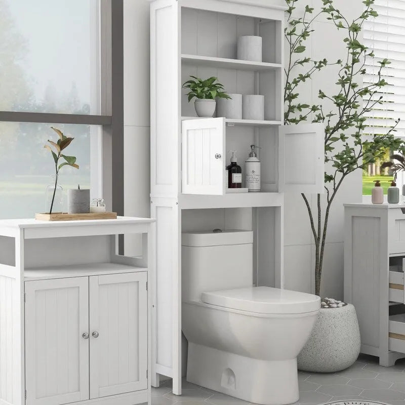 Over The Toilet Storage Cabinet, Bathroom Organizer with Two Shelves and Cabinet, Freestanding Wooden 2-Door Toilet Storage Rack