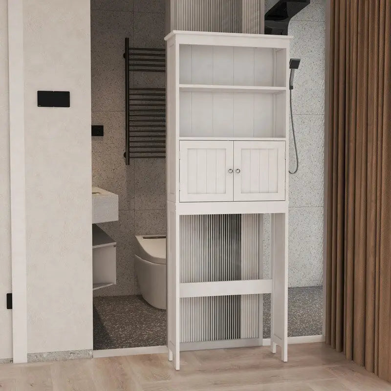Over The Toilet Storage Cabinet, Bathroom Organizer with Two Shelves and Cabinet, Freestanding Wooden 2-Door Toilet Storage Rack