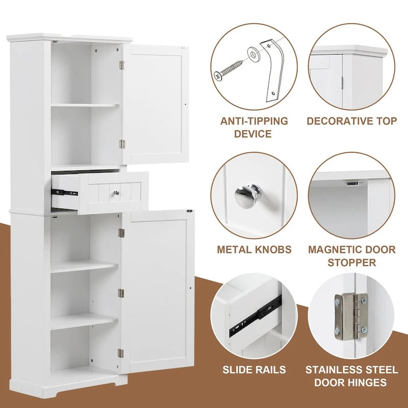 67 Tall Wood 2-door Bathroom Cabinet with Drawer and Adjustable Shelf