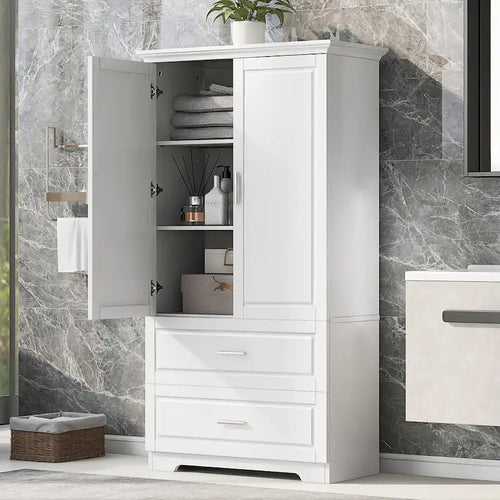 63 Tall Wood 2-door Bathroom Cabinet in White with Adjustable Shelf