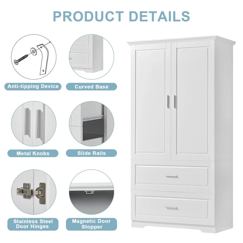 63 Tall Wood 2-door Bathroom Cabinet in White with Adjustable Shelf