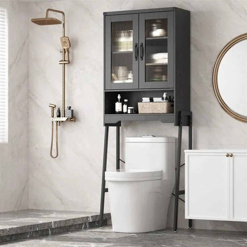 Over The Toilet Storage Cabinet with Tempered Glass Doors - 9.4D x 23.6W x 66.5H