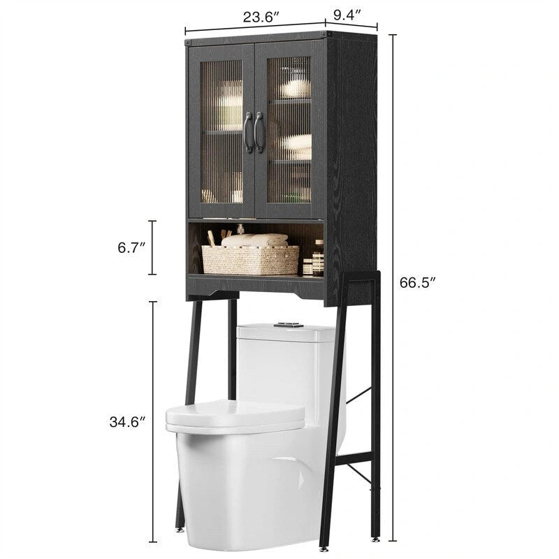 Over The Toilet Storage Cabinet with Tempered Glass Doors - 9.4D x 23.6W x 66.5H