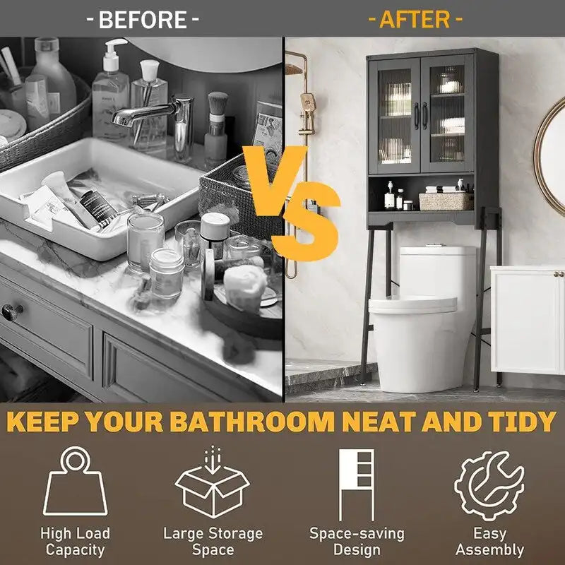 Over The Toilet Storage Cabinet with Tempered Glass Doors - 9.4D x 23.6W x 66.5H