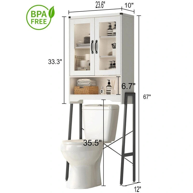 Over The Toilet Storage Cabinet with Tempered Glass Doors - 9.4D x 23.6W x 66.5H