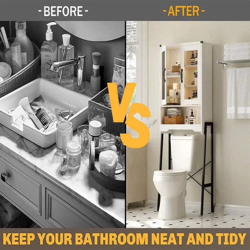 Over The Toilet Storage Cabinet with Tempered Glass Doors - 9.4D x 23.6W x 66.5H