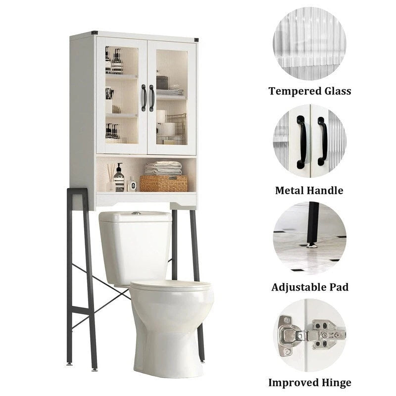 Over The Toilet Storage Cabinet with Tempered Glass Doors - 9.4D x 23.6W x 66.5H