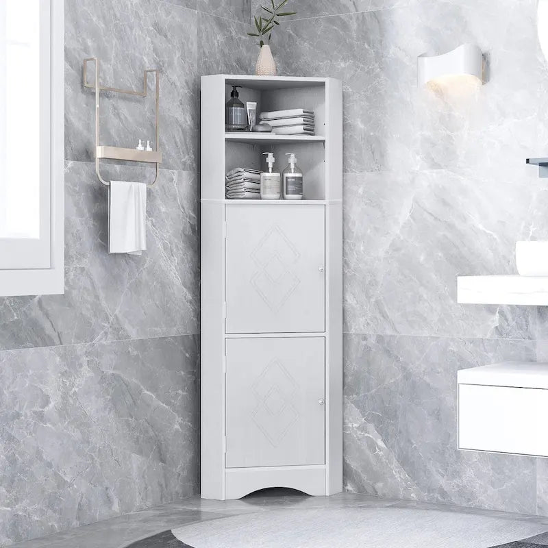 Tall Bathroom Corner Cabinet, Freestanding Storage Cabinet with Doors and Adjustable Shelves