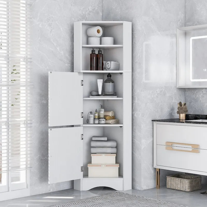 Tall Bathroom Corner Cabinet, Freestanding Storage Cabinet with Doors and Adjustable Shelves
