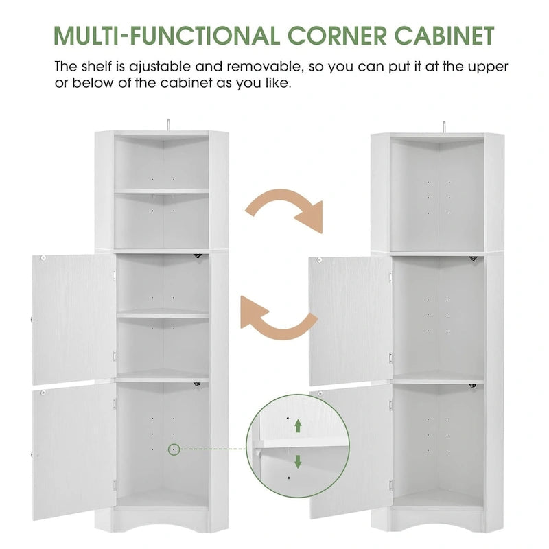 Tall Bathroom Corner Cabinet, Freestanding Storage Cabinet with Doors and Adjustable Shelves