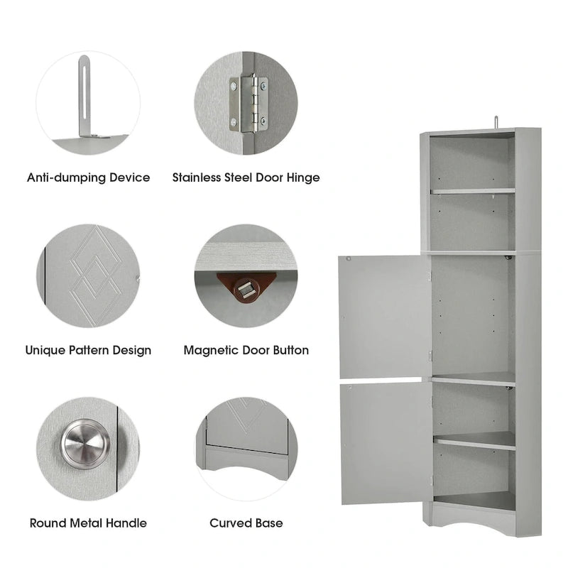 Tall Bathroom Corner Cabinet, Freestanding Storage Cabinet with Doors and Adjustable Shelves